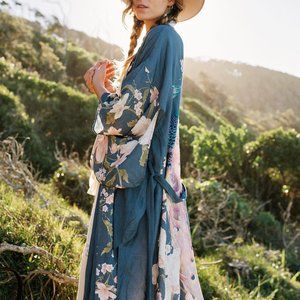 New Boho Floral Kimono Blue Maxi Duster Cardigan